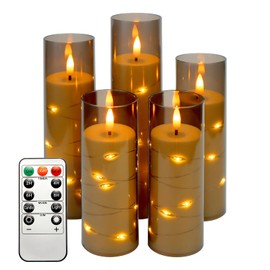 Warmhere Flickering Flameless Candles Embedded Star String, Battery Operated Candles with Remote Timer, Warm Light Acrylic LED Pillar Candles for Romantic Atmosphere Home Decor, Set of 5, Grey