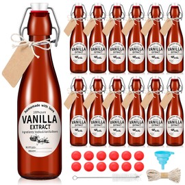 Vesici 12 Sets Swing Top Glass Bottles Set Amber Homemade Vanilla Extract Bottles with Stoppers Stickers Caps Jar Brush Funnel Rope Labels Vanilla Extract Jars for Holiday DIY Crafts (12 oz)