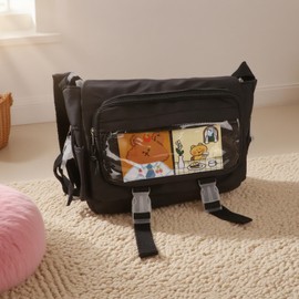 VZYUVY Cute Ita Messenger Bag with Clear Keychain Pouch, Black Y2K Kawaii Crossbody Bag