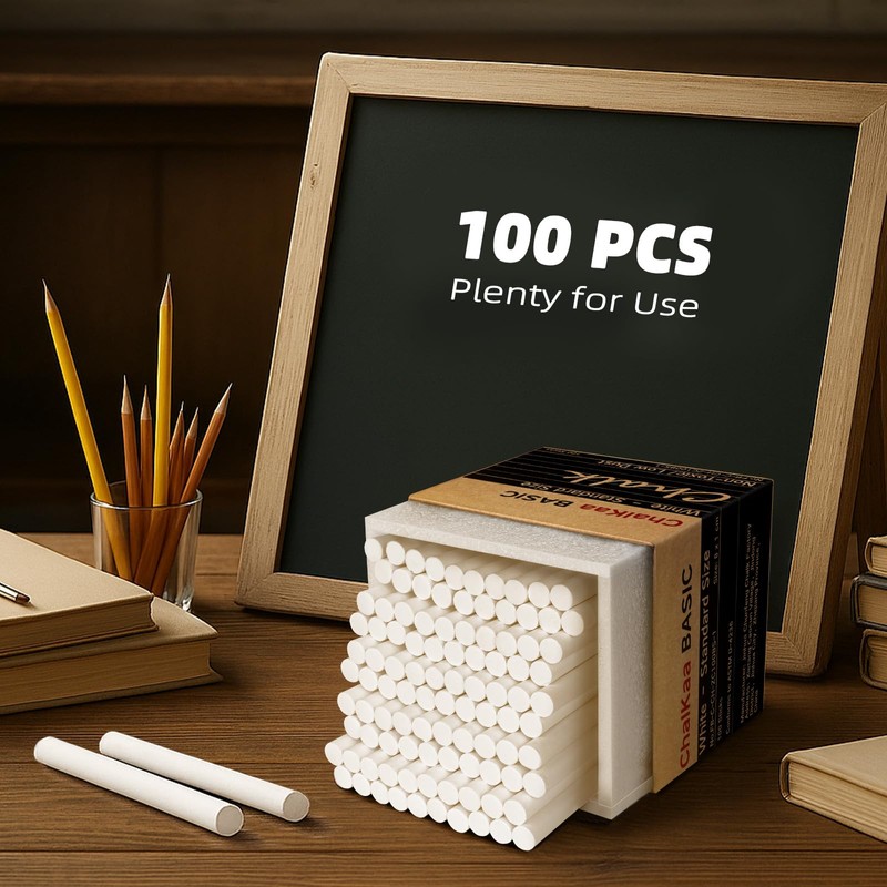 Dustless White Chalk 100PCS, Non-Toxic Classroom Chalks for Teachers &