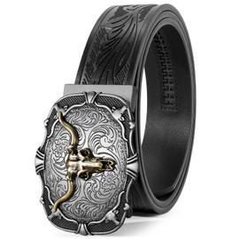 SANSTHS Ratchet Cowboy Belt, Western Ratchet Belts for Men Ratchet Western Belt with Automatic Cowboy Buckle, Bronze Bull/ Black, 39"-45" Wasit Adjustable