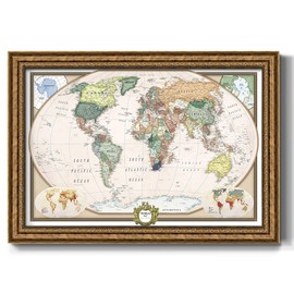 Renditions Gallery Colorful World Map Canvas Wall Art with Bronze Frame Wall Hanging Travel Map with Push Pins for Home, Office, Classroom