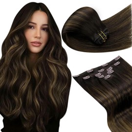 LaaVoo Clip-In Extensions, 40 cm, Brown Balayage Clip-In Hair Extensions, Real Hair, Ombre Dark Brown with Medium Brown, Remy Clip-In Extensions, Real Hair, Straight, 5 Wefts, 70 g, #2/8/2