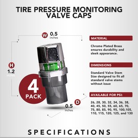 Quick Pressure Tire Pressure Monitoring Valve Caps Sensor Gauge - Advanced Detection System, 95 PSI Sensing Air Alert Indicator for Cars, Trailers, Bikes - Chrome-Plated, Pack of 4