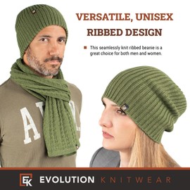 Evolution Knitwear Wool Rib Knit Beanie Hat for Men or Women - Super Soft Merino Wool - Made in The USA - Moss Green