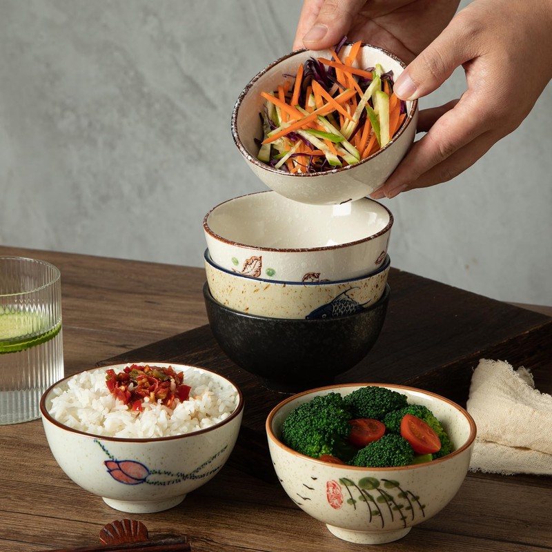 yaenoei 6 Pack Retro Ceramic Bowls, Hand-painted 4.5 Inch Japanese