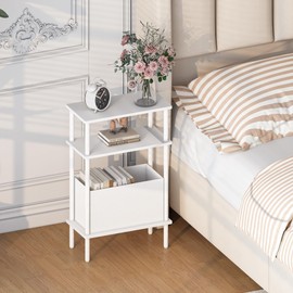 Newmics Narrow Side Table with Fabric Basket, End Table for Small Spaces, Slim Nightstand with 3-Tier Storage Shelf, Sofa Beside Table, for Living Room, Bed Room, Natrual White