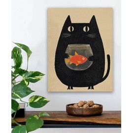 Minimalist Caught in the Act Cute Cat Holding Fishbowl Illustration 16x20 Stretched Canvas, Quirky Black Cat Wall Art, Funny & Whimsical Animal Cartoon for Children’s Room, Modern Decor for Cat Lovers
