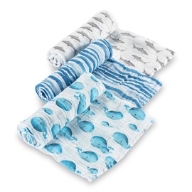 LollyBanks 100% Cotton Muslin Swaddle Nautical Ocean Blanket Set, Whale and Shark Pattern | Boy Receiving Blankets Pack of 3 Breathable Security Swaddles