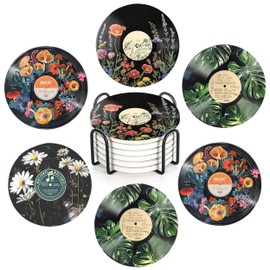 Nicegod Vintage Vinyl Record Botanical Aesthetic Ceramic Coasters Set of 6, Round Absorbent Drink Coaster, with Metal Holder & Cork Base, Coasters for Coffee Table Kitchen Office Home Decor or Gifts