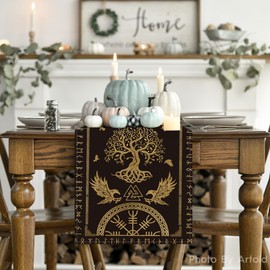 Artoid Mode Wooden Viking Tree of Life Raven Helmet of Awe Table Runner, Seasonal Table Decoration, Indoor, Holiday, Party Decor, 40 x 240 cm