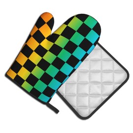 Lukbfall Black and Rainbow Checkered Print Oven Mitts and Pot Holders 2 Pcs Set Oven Glove and Potholder Suitable for Barbecues Baking Cooking Microwave