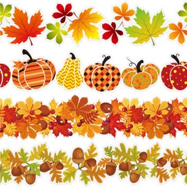 60 Pieces Thanksgiving Fall Bulletin Board Borders Autumn Leaves Border Pumpkins Classroom Board Borders Autumn Stickers Self Adhesive Scalloped Borders for Classroom Maple Leaf Borders Decorative