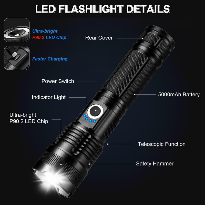 3 Pack Rechargeable Flashlights High Lumens, 990000LM Super Bright LED