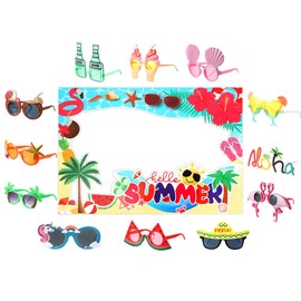 Relaxweex 13 Pcs Luau Photo Booth Props Hawaiian Party Decorations, 12 Pairs Beach Themed Funny Summer Glasses, 1 PC Summer Photo Frame, Tropical Party Supplies Favors (Beach Frame)