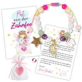Zahnfee Geschenke Mädchen Armband Zahnfee Postkarte Perlenarmband Milchzahn Überraschung Geschenke Bunt Armbänder zum Einschlung Geburtstag Taufe Weihnachten Mutmacher für Tochter Nichte Patenkind