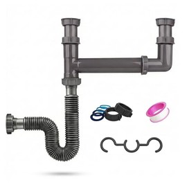 Double Bowl Kitchen Sink Drain Kit – End Outlet Waste for 1-1/2 Inch Drains – Adjustable Width (11" to 18") – PP Tubular Plumbing with Flexible P-Trap Hose & Sealing Tape