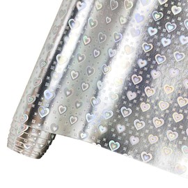 HYANG Holographic Silver Heart PU Faux Leather Sheets Roll 12"X 53" Faux Leather Roll Perfect for Crafts Handbags Wallets Jewelry Earrings Bows Making