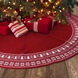 Dremisland Large Christmas Tree Skirt, 48 Inch Cable Knit Knitted Thick Rustic Tree Skirt with Snowflake Xmas Tree Pattern Burgundy Xmas Tree Skirt Mat for Home Party Holiday Decoration