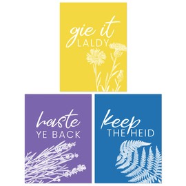 Wee Blue Coo Pack of 3 A4 Floral Scottish Sayings Yellow Purple Blue Colourful Botanical Typography Unframed Wall Art Living Room Prints Set