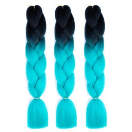 Braiding Hair Ombre Black to Cyan Kanekalon Braid Hair Extensions Hot Water Setting High Temperature Synthetic Fiber 24 Inches(B19-3Pack)