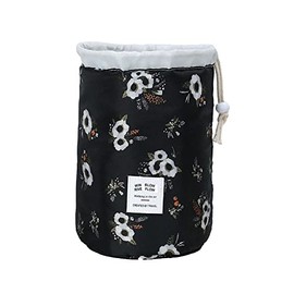 Magik 1-2 Pcs Large Barrel Travel Cosmetic Bag Nylon Organizer Drawstring Toiletry (Black Flower, 1 Pack)