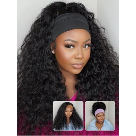 Nadula Water Wave Headband Wig Human Hair with Drawstring – Glueless HookFit Wet and Wavy Half Wig Beginner Friendly, Ready to Wear Clip in Half Wigs for Women Natural Black Color 16inch