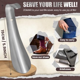 ZOMAKE Small Shoe Horn Metal Shoehorn 5.9 inch - Travel Shoe Horns for Seniors - Stainless Steel Shoe Horn Comfortable Handle with Hook(1 Pcs Silver)