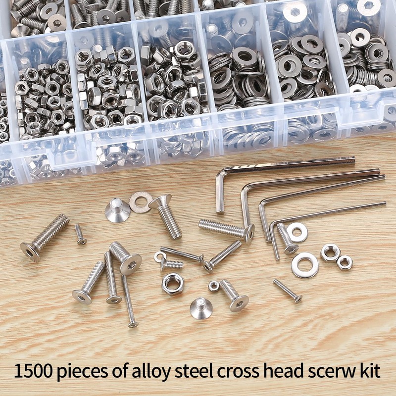 1500 Pcs Hex Socket Screws, Nuts and Washers Assortment Kit,