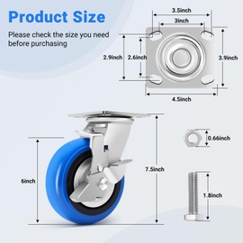 W B D WEIBIDA 6 Inch Heavy Duty Casters Set of 4, Smooth Rolling Caster Design for Cart Wheels, 4500 LBS Industrial Grade Castors with Upgraded Thickened Bracket, Durable Castors (4 Brake)