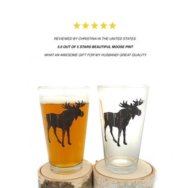 Pint Glasses by Black Lantern – Handmade Craft Beer Glasses and Bar Glassware – Rustic Moose Design (Set of Two 16oz. Glasses)