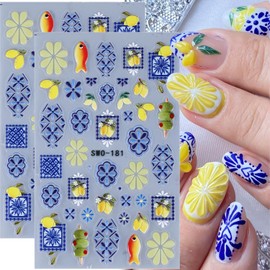 Boho Style Nail Art Stickers 3D Lemon Fish Nail Decals Self-Adhesive Vintage Nail Design Stickers Bohemian Blue Geometric Flower Nail Supplies for Women Summe Manicure Art Decorations, 2Pcs