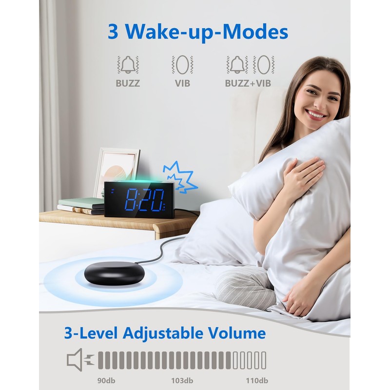 Mesqool Vibration Alarm Clock, Digital Deaf Alarm Clock with 7-Colour