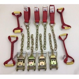 8 Point Kit 14' Heavy Duty Red Diamond Weave Strap Kit for Rollback/Flatbed Tie Downs with 12" Chain Tail
