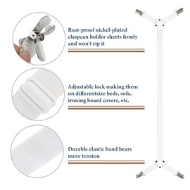 Consss Bed Sheet Straps, Adjustable Durable Bed Sheet Holder Straps with Metal Clips, Elastic Sheet Holders Keep Sheets Firm & Tight 2PCS White
