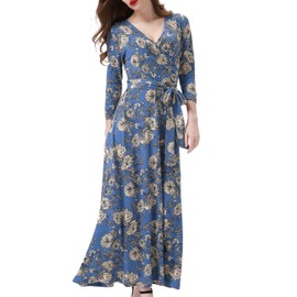 Aphratti Maxi Dresses for Women 2024 Casual Fall 3/4 Sleeve Faux Wrap V Neck Floral Flowy Long Maxi Dresses Blue X-Large