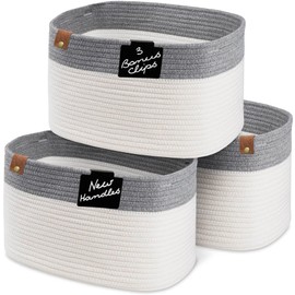 CHAT BLANC Cotton Rope Baskets for Organizing | Storage Baskets for Shelves | Rope Basket for Storage, Small Laundry Baskets, Woven Baskets for Storage, Dog Toy Bin, Baby Basket,Dark Gray&White 3 Pack