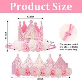 SuPoo 4th Birthday Crown Pink Princess Crown Hat Outfit Sequin Birthday Decorations for Girls Glitter Tiara Headband Rose Flower Party Decorations 4 Year Old Gift For Girls Photo Props