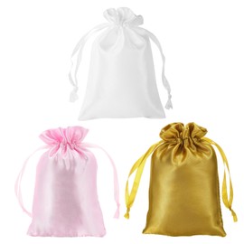 PATIKIL Satin Bags with Drawstring, 3 Pack 6x8 Inch Wedding Favor Bags Mini Gift Packaging Bags for Birthday Christmas Jewelry Party, Pink Gold Tone White