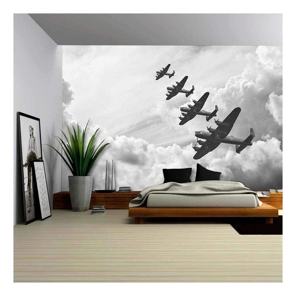 wall26 - Black and White Retro Image of Lancaster Bombers from Battle of Britain in World War Two - Removable Wall Mural | Self-Adhesive Large Wallpaper - 66x96 inches