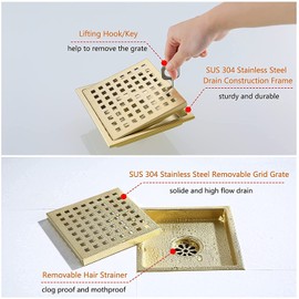 RANDOM Brushed Gold Shower Drain Square 6 Inch Shower Floor Drain with Tiled Insert Grate & Removable Hair Strainer 304 Stainless Steel Shower Drain Cover Bathroom Accessories.98738BG