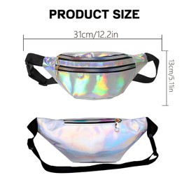 Fashion Metallic Bum Bag with Adjustable Strap Smooth Zip Three Compartments, Women's Leather Shiny Holographic Waist Bag, Women's Crossbody Waterproof Waist Bag for Party Sports Outdoor Travel