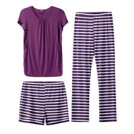 SUNNYBUY Womens Maternity Nursing Pajamas Set, Short Sleeve Breastfeeding Shirts，Pregnancy Shorts & Pants 3 Piece Nursing PJS, Purple&Stripe L
