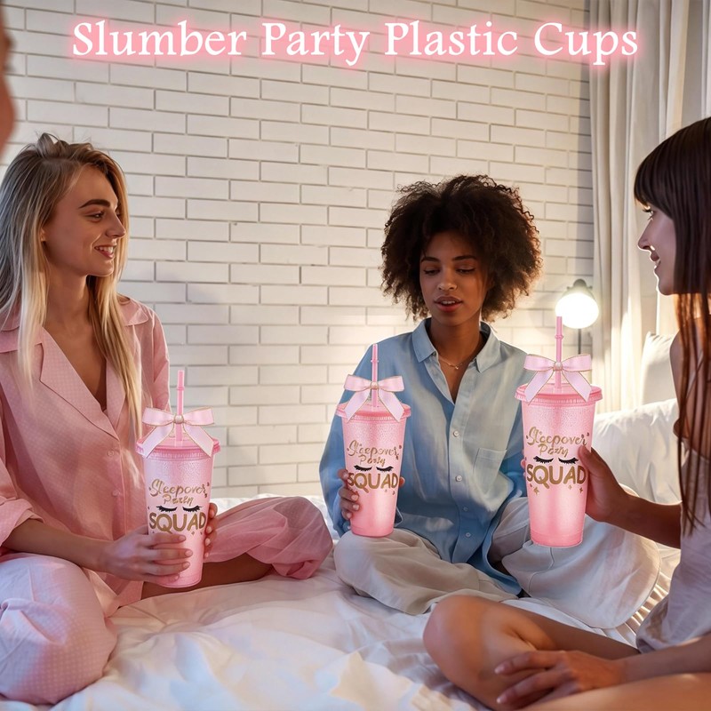 6 Set Sleepover Squad Party Cups 24 oz Slumber Plastic