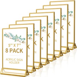 Smarpau 8 Pack Acrylic Sign Holder 5x7 Gold Table Number Holders Vertical Double Sided Picture Frames Flyer Stands Photo Holders for Wedding Tables Menu Holder Photo Display
