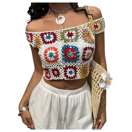 MakeMeChic Women's Crochet Floral Knitted Crop Tops Off The Shoulder Cap Sleeve Boho Sweater Multicolor Large