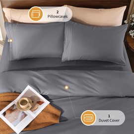 LBRO2M Breathable Microfiber Duvet Cover Set 3pcs Including 1 Comforter Cover and 2 Pillowcases Queen Size, Soft & Durable All Season (Queen, Dark Gray)