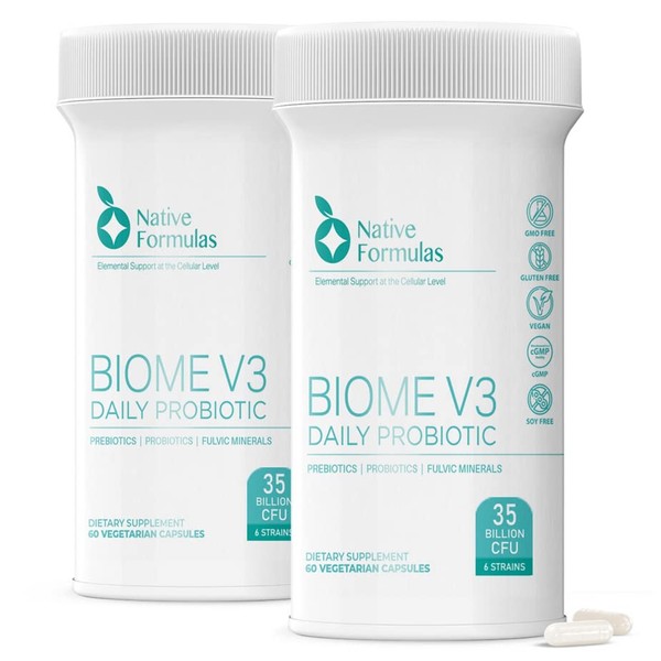 Native Formulas Biome V3 Probiotic, Prebiotic, & Fulvic Minerals Supplements - 35 Billion CFU - 6 Strains - 120 Vegan Capsules - Women & Men - FODMAP Friendly Supports Digestive, Immune & Gut Health
