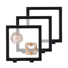 CAIYA Pack of 3 Floating Frame Display Frame Transparent Coin Display Frame with Base Floating Jewellery Box for Jewellery, Medals, Coins, Necklace, Ring, Specimens (14 x 14 cm, Black)