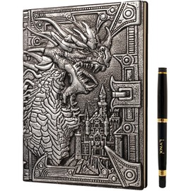 D&D Notebook - RPG Journal/Notebook with 3D Silver Dragon Motif in Faux Leather Cover with Pen. Notebook for Role Play/Pen & Paper/DND Accessories Fantasy Gift Dungeons & Dragons Dungeon Master